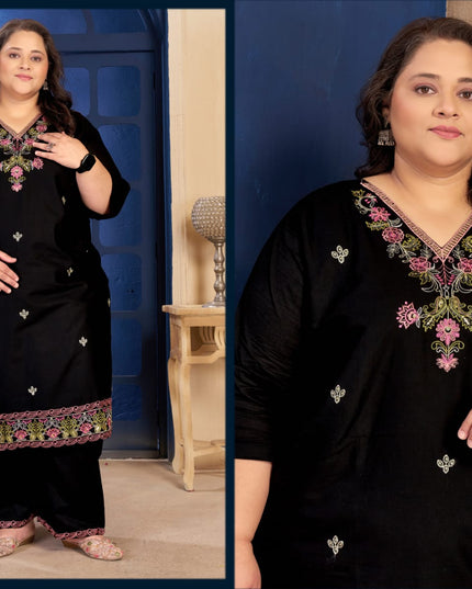 Plus Size 3 Piece Pure Cotton Kurtis Set With Embroidery Work | Perfect Ethnic Wear - Rosepetals Luxe