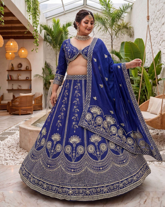 Plus Size Chinon Silk Lehenga Choli Set | Sequins & Zari Embroidery | Semi-Stitched - Rosepetals Luxe