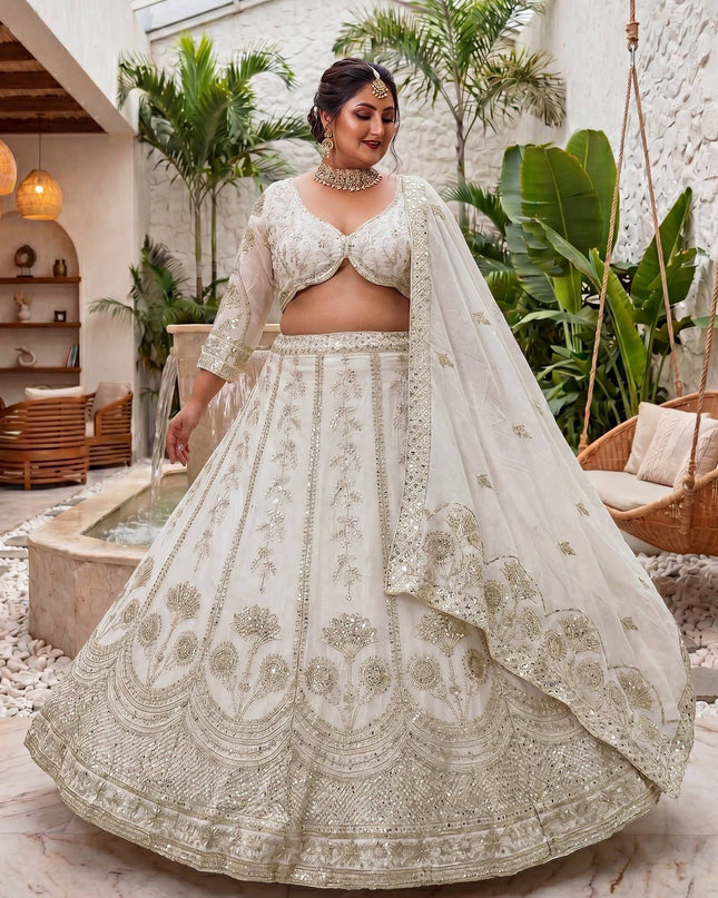 Plus Size Chinon Silk Lehenga Choli Set | Sequins & Zari Embroidery | Semi-Stitched - Rosepetals Luxe