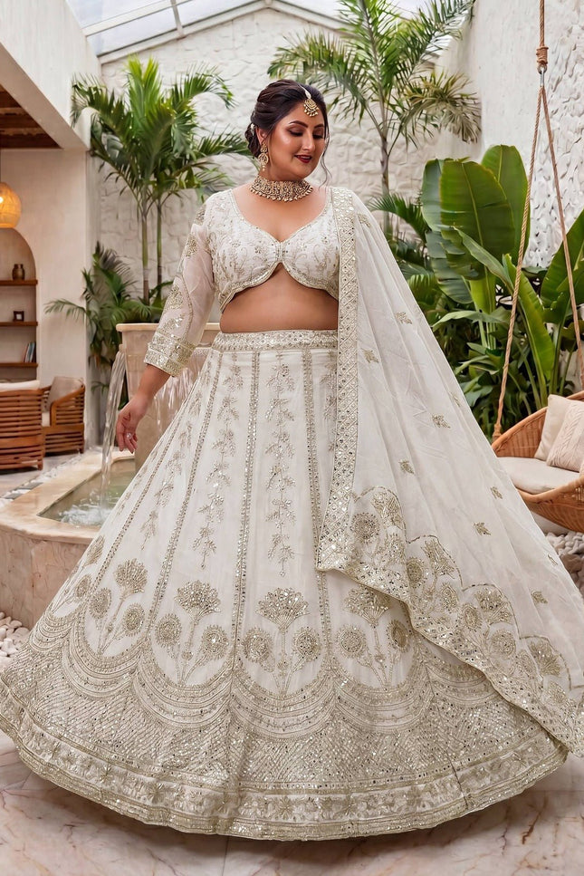 Plus Size Chinon Silk Lehenga Choli Set | Sequins & Zari Embroidery | Semi-Stitched - Rosepetals Luxe