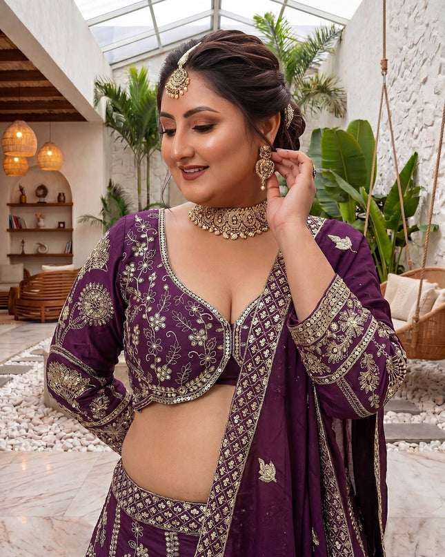 Plus Size Chinon Silk Lehenga Choli Set | Sequins & Zari Embroidery | Semi-Stitched - Rosepetals Luxe