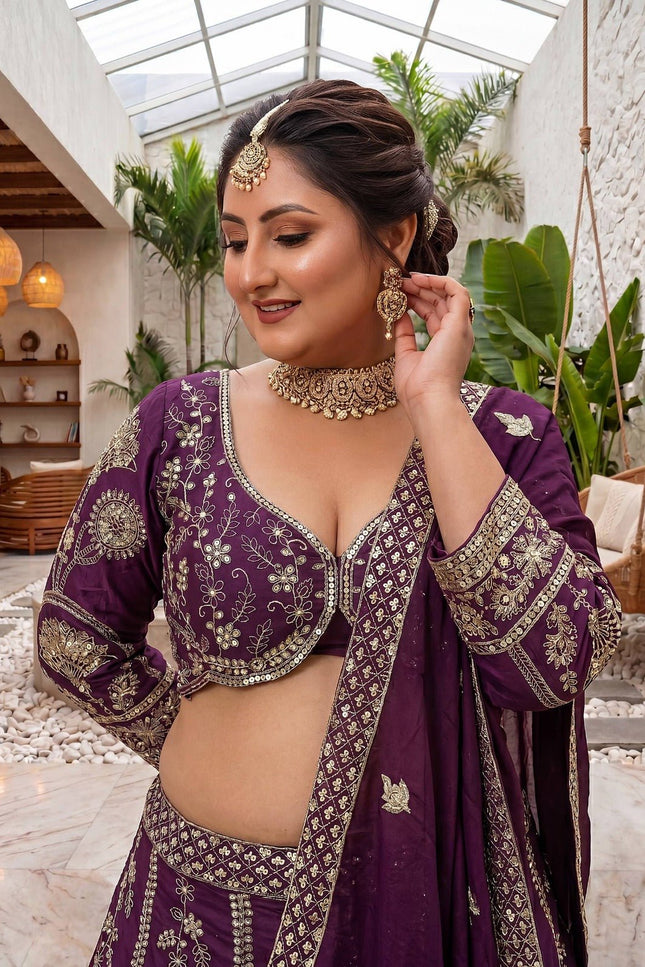 Plus Size Chinon Silk Lehenga Choli Set | Sequins & Zari Embroidery | Semi-Stitched - Rosepetals Luxe
