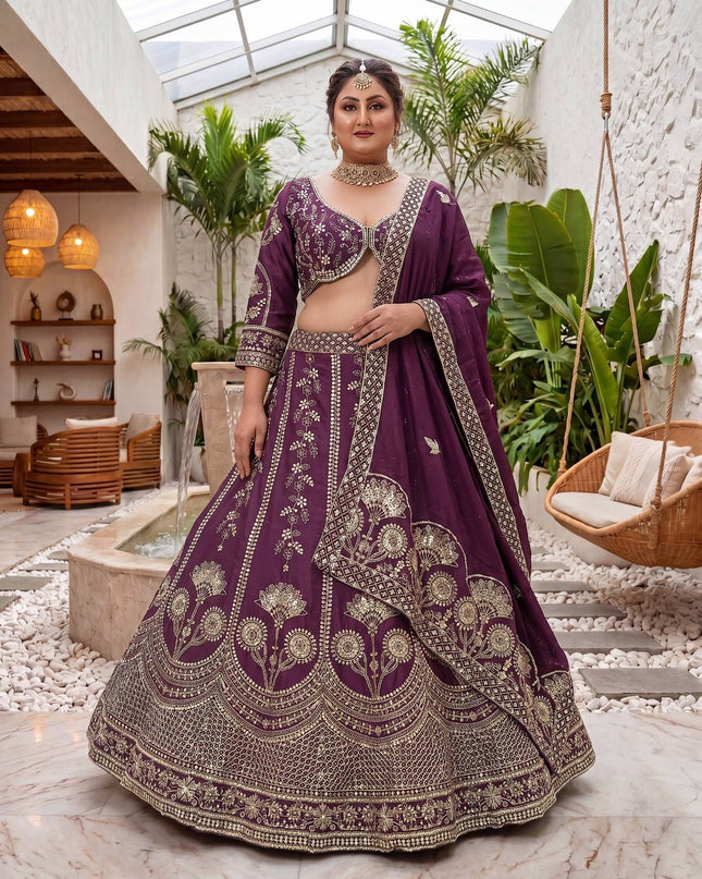 Plus Size Chinon Silk Lehenga Choli Set | Sequins & Zari Embroidery | Semi-Stitched - Rosepetals Luxe