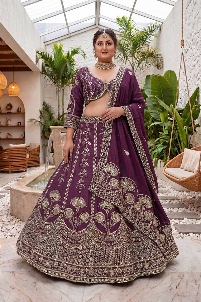 Plus Size Chinon Silk Lehenga Choli Set | Sequins & Zari Embroidery | Semi-Stitched - Rosepetals Luxe
