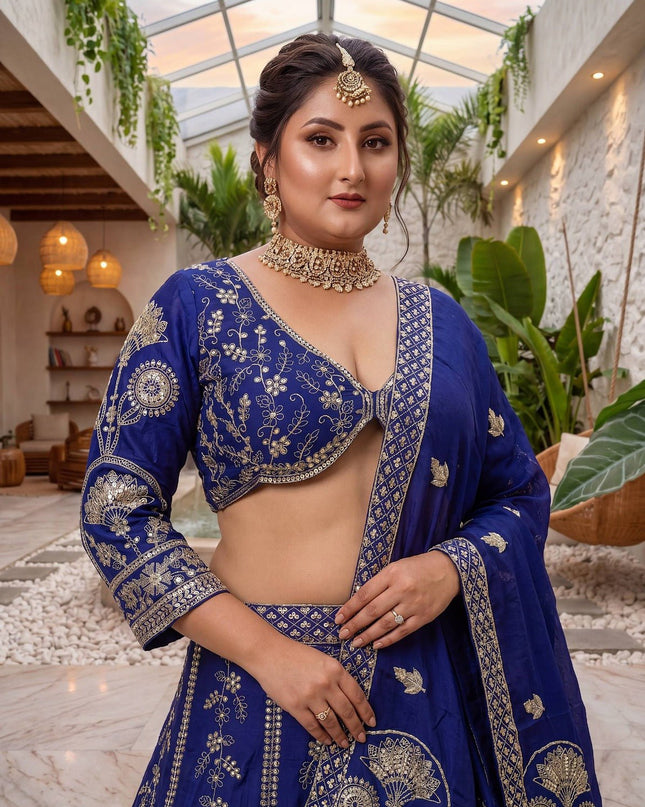Plus Size Chinon Silk Lehenga Choli Set | Sequins & Zari Embroidery | Semi-Stitched - Rosepetals Luxe