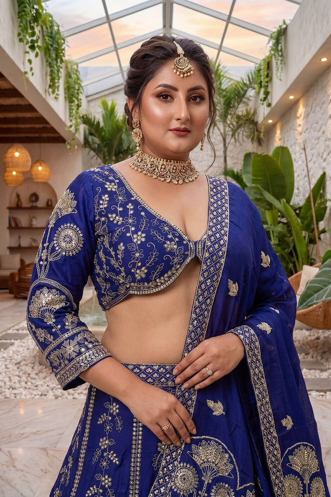 Plus Size Chinon Silk Lehenga Choli Set | Sequins & Zari Embroidery | Semi-Stitched - Rosepetals Luxe