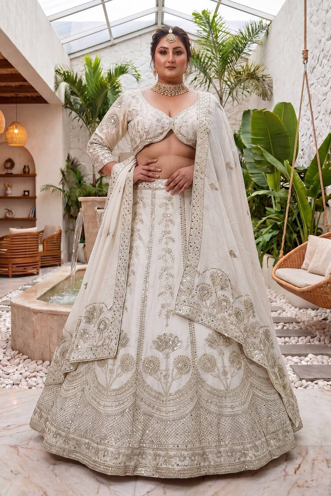 Plus Size Chinon Silk Lehenga Choli Set | Sequins & Zari Embroidery | Semi-Stitched - Rosepetals Luxe