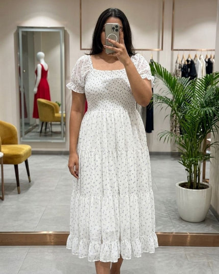 Plus Size Floral Fox Georgette Midi Dress | Smocked Bodice, Puff Sleeves & Full Lining | XXL–6XL - Rosepetals Luxe