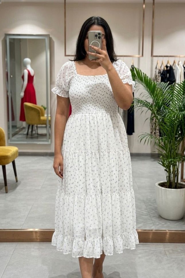 Plus Size Floral Fox Georgette Midi Dress | Smocked Bodice, Puff Sleeves & Full Lining | XXL–6XL - Rosepetals Luxe