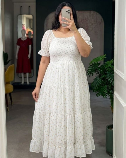 Plus Size Floral Fox Georgette Midi Dress | Smocked Bodice, Puff Sleeves & Full Lining | XXL–6XL - Rosepetals Luxe