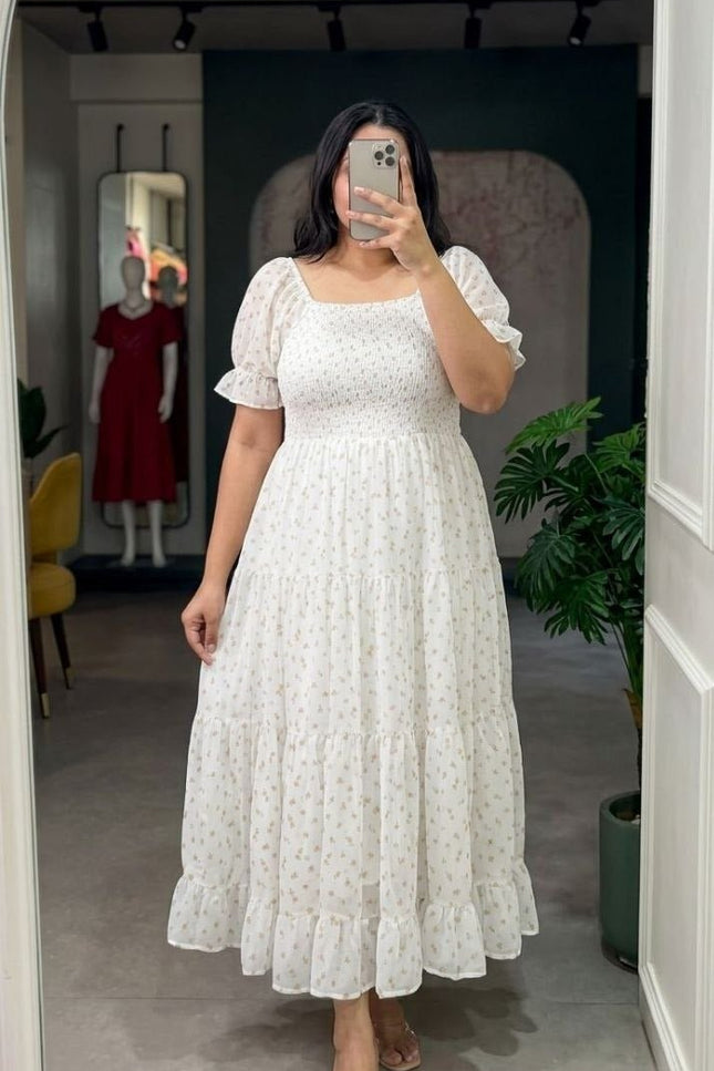 Plus Size Floral Fox Georgette Midi Dress | Smocked Bodice, Puff Sleeves & Full Lining | XXL–6XL - Rosepetals Luxe