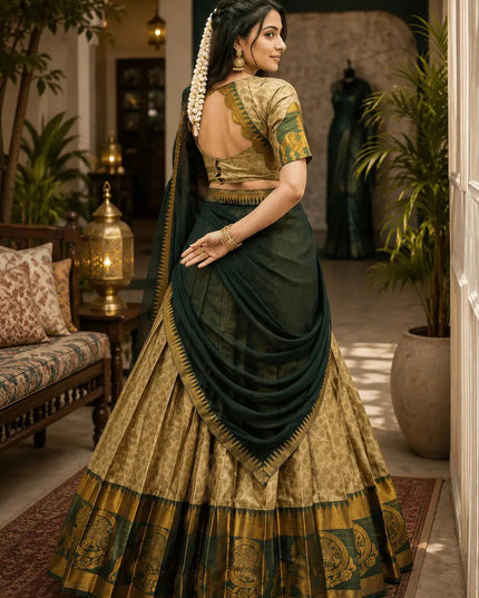 Poly Cotton Zari Weaving Lehenga Choli Set | Georgette Dupatta | Festive & Wedding Wear - Rosepetals Luxe