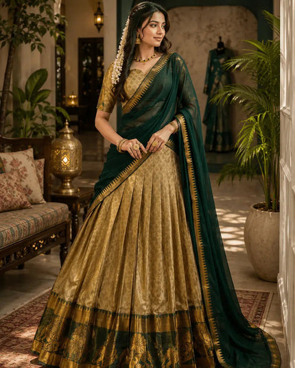 Poly Cotton Zari Weaving Lehenga Choli Set | Georgette Dupatta | Festive & Wedding Wear - Rosepetals Luxe