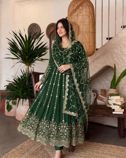 Premium Fandy Silk Embroidered Gown Set with Sequins Work, Matching Pant & Dupatta Ready to Wear Designer Party Wear Ethnic Outfit for Women