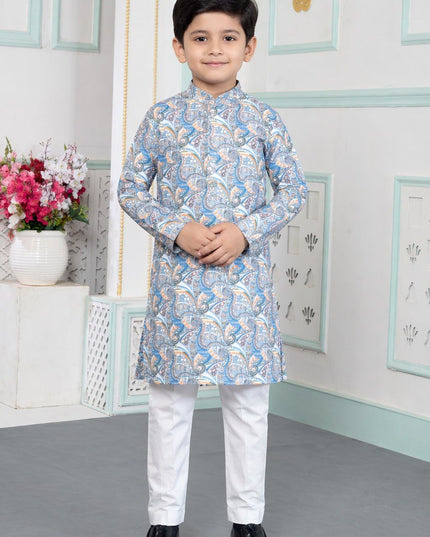 Premium Boys Digital Print Luxe Silk Straight Kurta Set | Ethnic Wear - Rosepetals Luxe