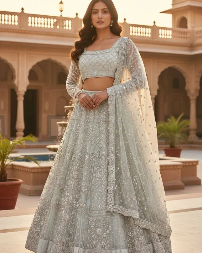 Premium Butterfly Net Lehenga Choli with Sequins Embroidery | 4 Mtr Flare | Semi - Stitched - Rosepetals Luxe
