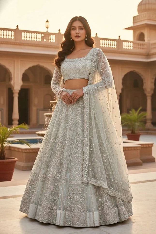 Premium Butterfly Net Lehenga Choli with Sequins Embroidery | 4 Mtr Flare | Semi - Stitched - Rosepetals Luxe