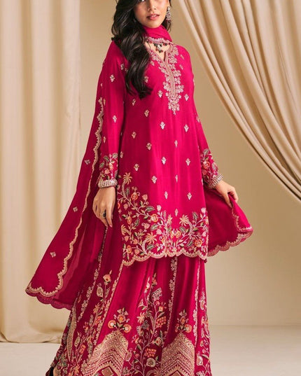 Premium Chinon Embroidery Palazzo Suit with Diamond Work - Rosepetals Luxe