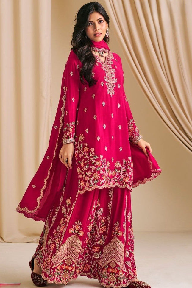 Premium Chinon Embroidery Palazzo Suit with Diamond Work - Rosepetals Luxe