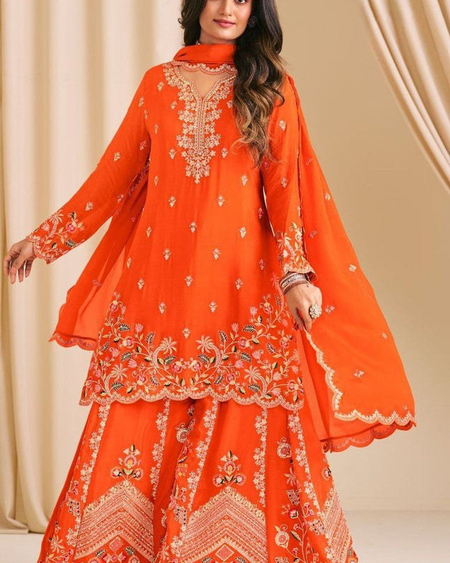 Premium Chinon Embroidery Palazzo Suit with Diamond Work - Rosepetals Luxe