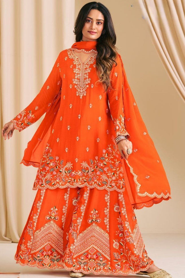 Premium Chinon Embroidery Palazzo Suit with Diamond Work - Rosepetals Luxe