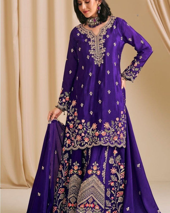 Premium Chinon Embroidery Palazzo Suit with Diamond Work - Rosepetals Luxe