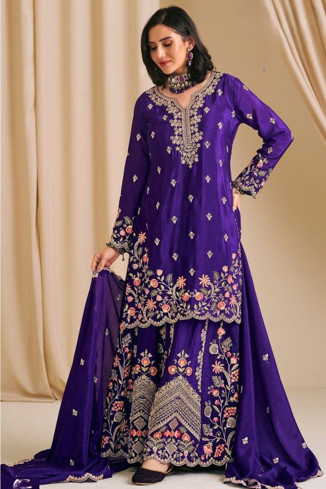 Premium Chinon Embroidery Palazzo Suit with Diamond Work - Rosepetals Luxe