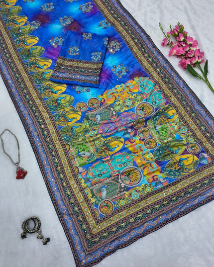 Premium Chinon Silk Printed Saree | Gold Zari, Real Mirror Work & Chakri Diamond Work | Rosepetals Luxe - Rosepetals Luxe
