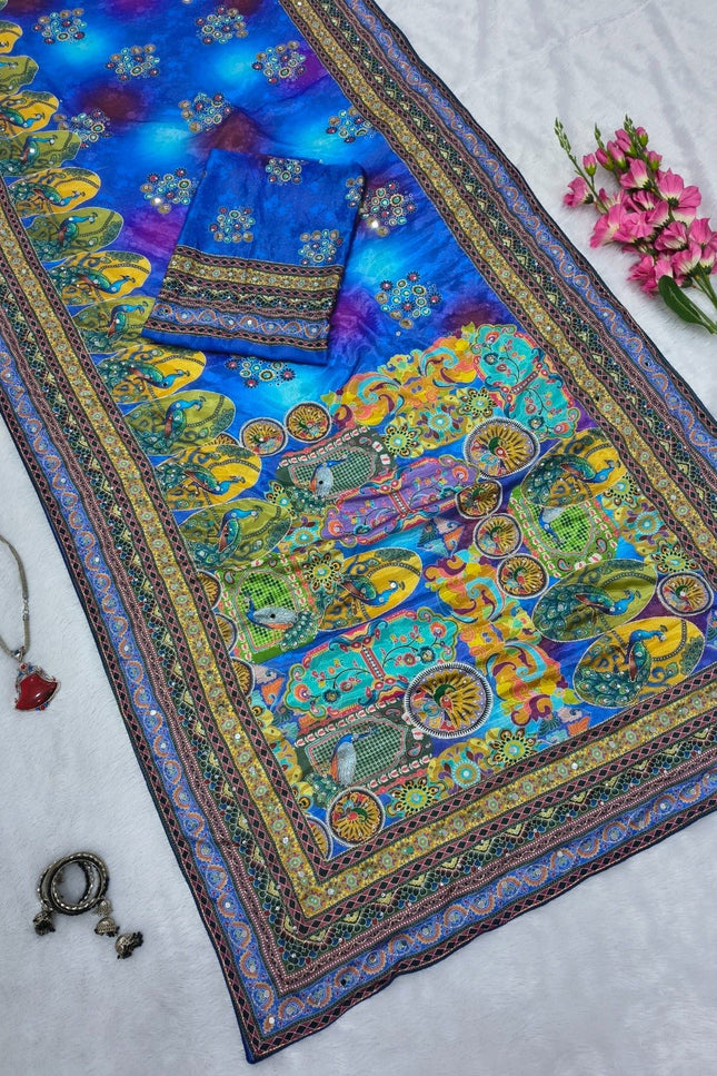 Premium Chinon Silk Printed Saree | Gold Zari, Real Mirror Work & Chakri Diamond Work | Rosepetals Luxe - Rosepetals Luxe