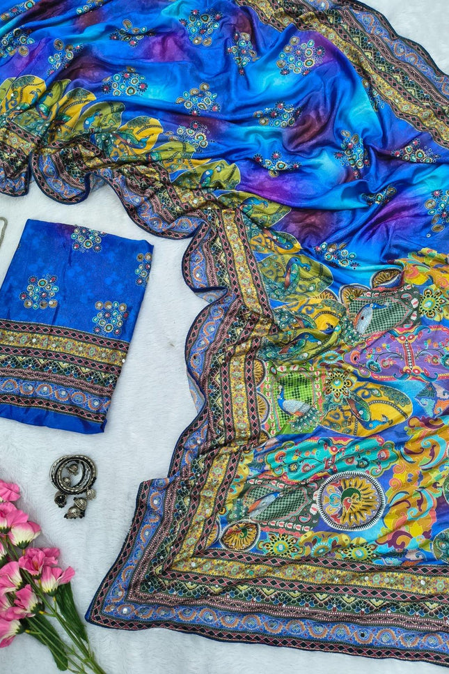 Premium Chinon Silk Printed Saree | Gold Zari, Real Mirror Work & Chakri Diamond Work | Rosepetals Luxe - Rosepetals Luxe