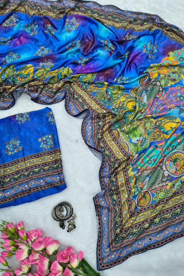 Premium Chinon Silk Printed Saree | Gold Zari, Real Mirror Work & Chakri Diamond Work | Rosepetals Luxe - Rosepetals Luxe
