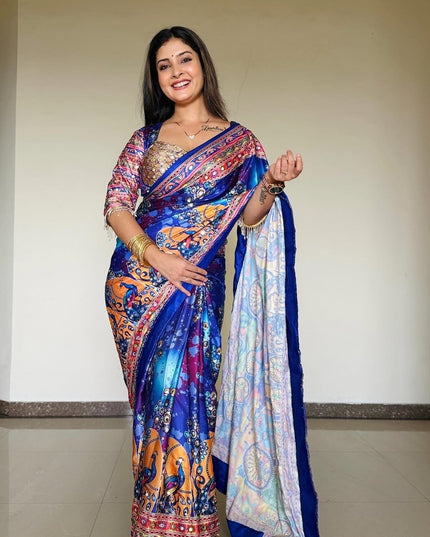 Premium Chinon Silk Printed Saree | Gold Zari, Real Mirror Work & Chakri Diamond Work | Rosepetals Luxe - Rosepetals Luxe