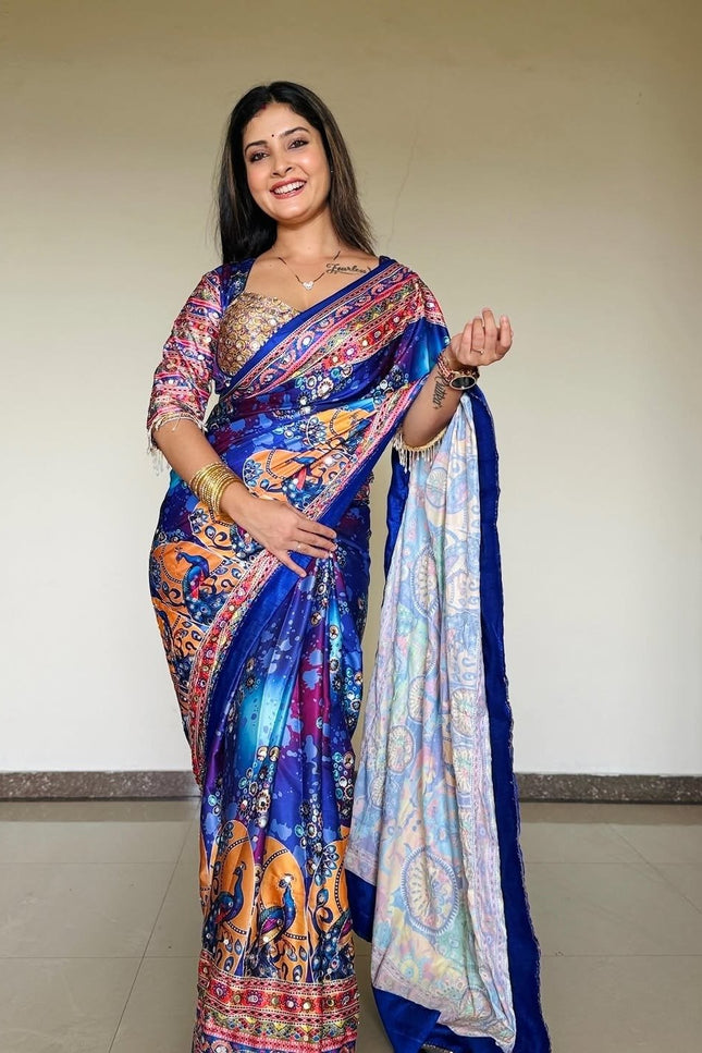 Premium Chinon Silk Printed Saree | Gold Zari, Real Mirror Work & Chakri Diamond Work | Rosepetals Luxe - Rosepetals Luxe