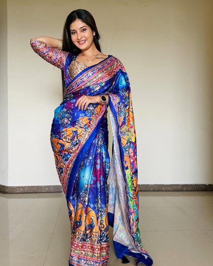 Premium Chinon Silk Printed Saree | Gold Zari, Real Mirror Work & Chakri Diamond Work | Rosepetals Luxe - Rosepetals Luxe