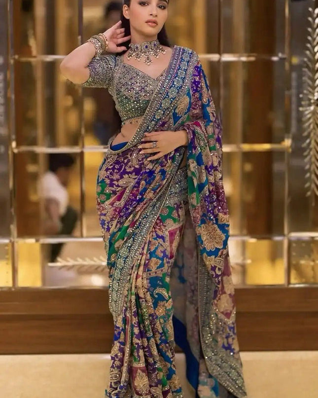 Premium Chinon Silk Printed Saree with Real Mirror Work and Blouse Piece - Rosepetals Luxe