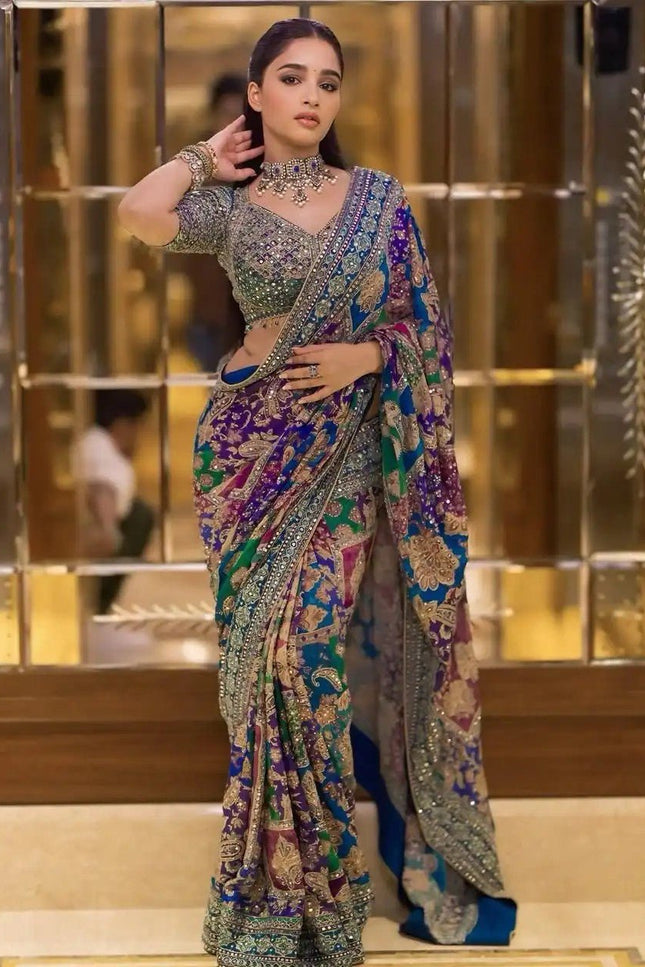 Premium Chinon Silk Printed Saree with Real Mirror Work and Blouse Piece - Rosepetals Luxe