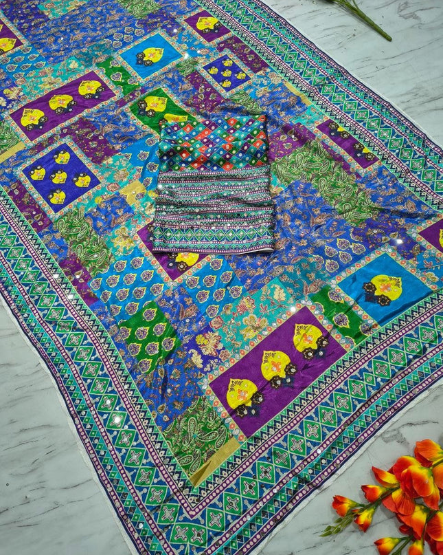 Premium Chinon Silk Printed Saree with Real Mirror Work and Blouse Piece - Rosepetals Luxe