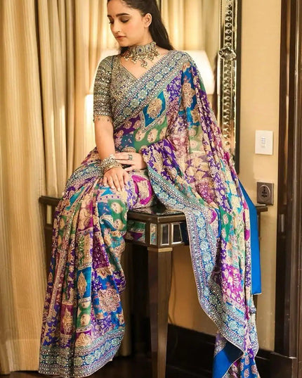 Premium Chinon Silk Printed Saree with Real Mirror Work and Blouse Piece - Rosepetals Luxe