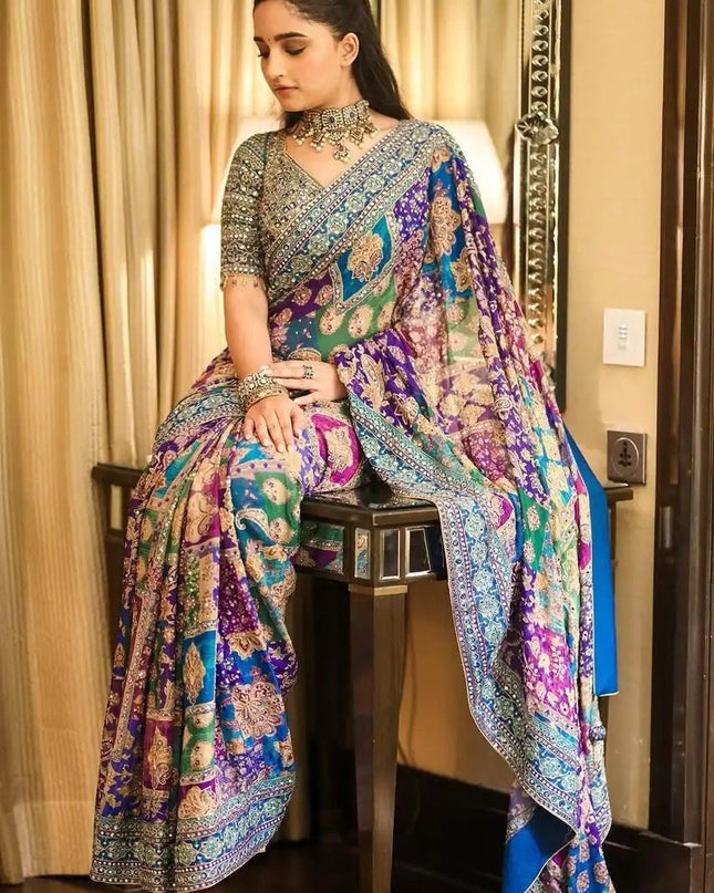 Premium Chinon Silk Printed Saree with Real Mirror Work and Blouse Piece - Rosepetals Luxe