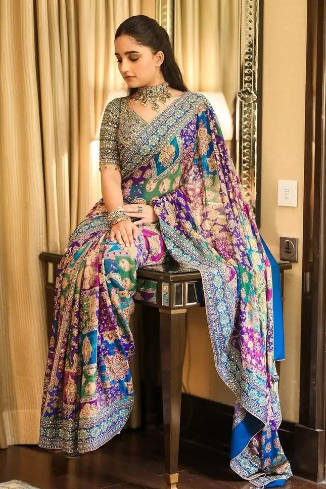 Premium Chinon Silk Printed Saree with Real Mirror Work and Blouse Piece - Rosepetals Luxe