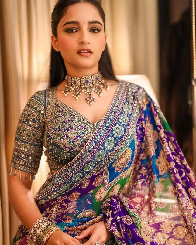 Premium Chinon Silk Printed Saree with Real Mirror Work and Blouse Piece - Rosepetals Luxe