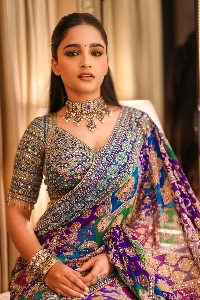 Premium Chinon Silk Printed Saree with Real Mirror Work and Blouse Piece - Rosepetals Luxe