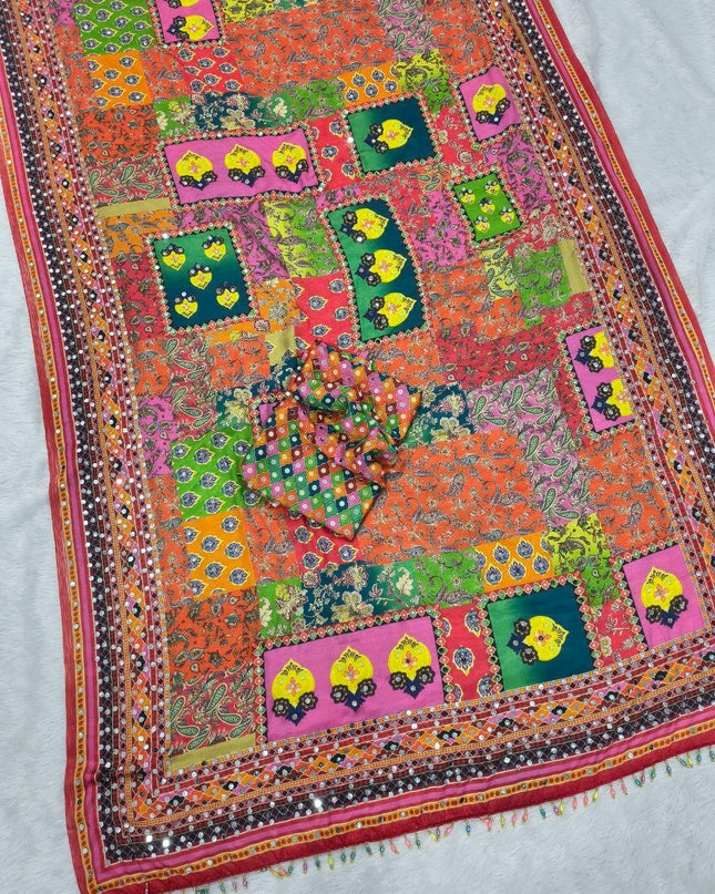 Premium Chinon Silk Saree with Real Mirror Work & Printed Design - Rosepetals Luxe
