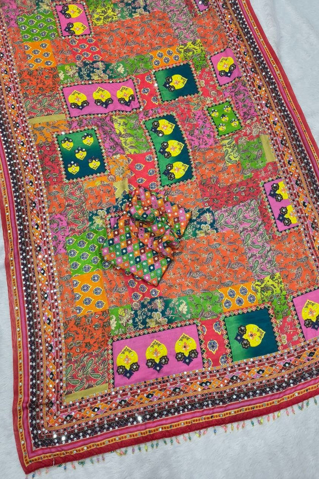 Premium Chinon Silk Saree with Real Mirror Work & Printed Design - Rosepetals Luxe