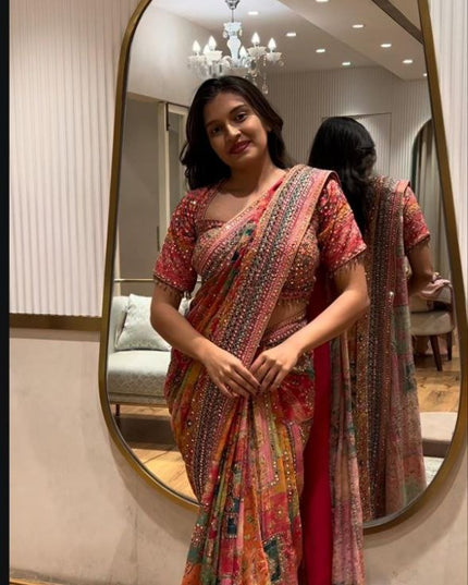 Premium Chinon Silk Saree with Real Mirror Work & Printed Design - Rosepetals Luxe