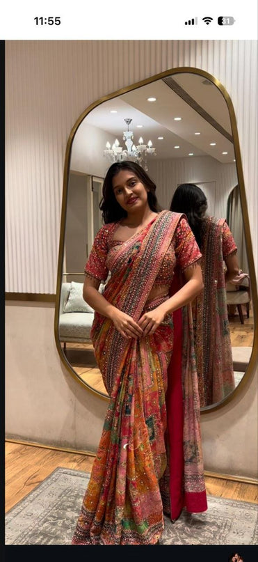 Premium Chinon Silk Saree with Real Mirror Work & Printed Design - Rosepetals Luxe