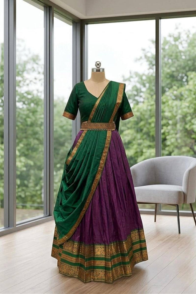 Premium Cotton Silk Lehenga Set | South Indian Zari Border | Dhavani Style | Ready to Wear - Rosepetals Luxe