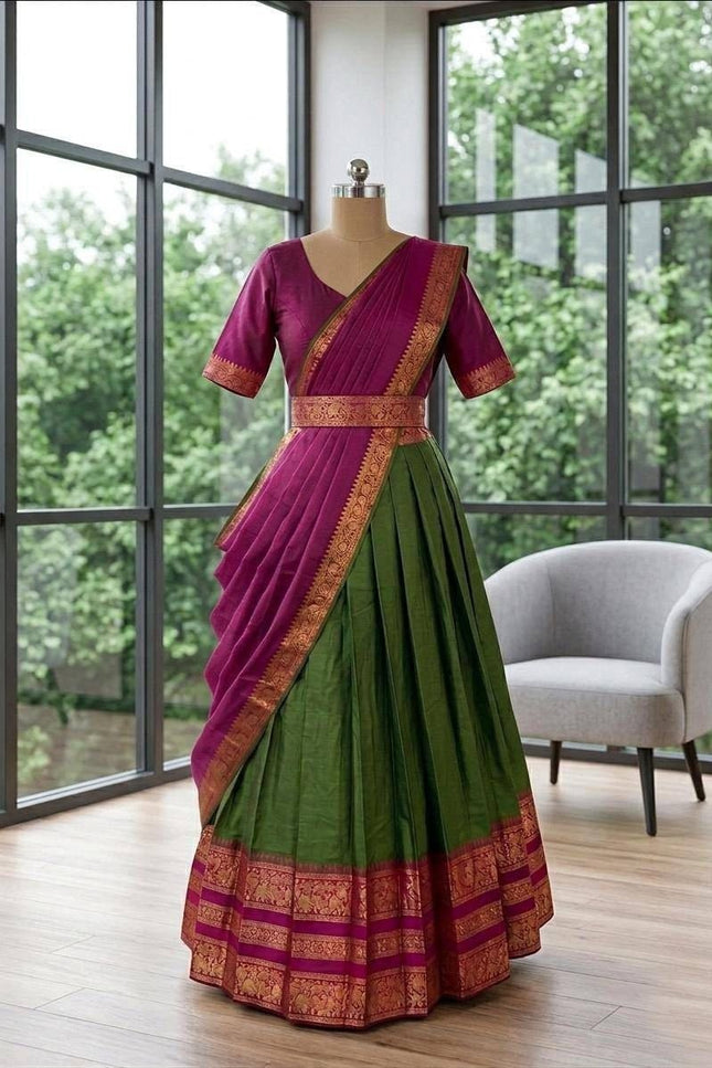 Premium Cotton Silk Lehenga Set | South Indian Zari Border | Dhavani Style | Ready to Wear - Rosepetals Luxe