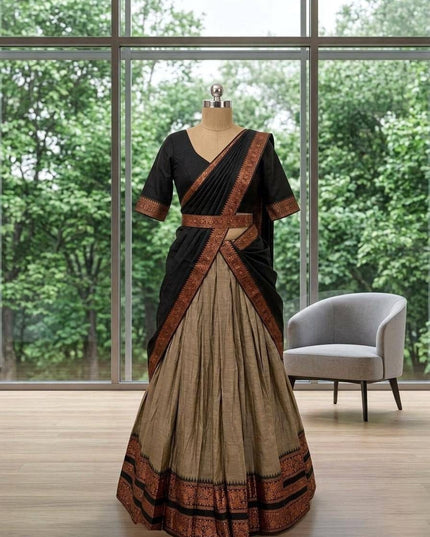 Premium Cotton Silk Lehenga Set | South Indian Zari Border | Dhavani Style | Ready to Wear - Rosepetals Luxe