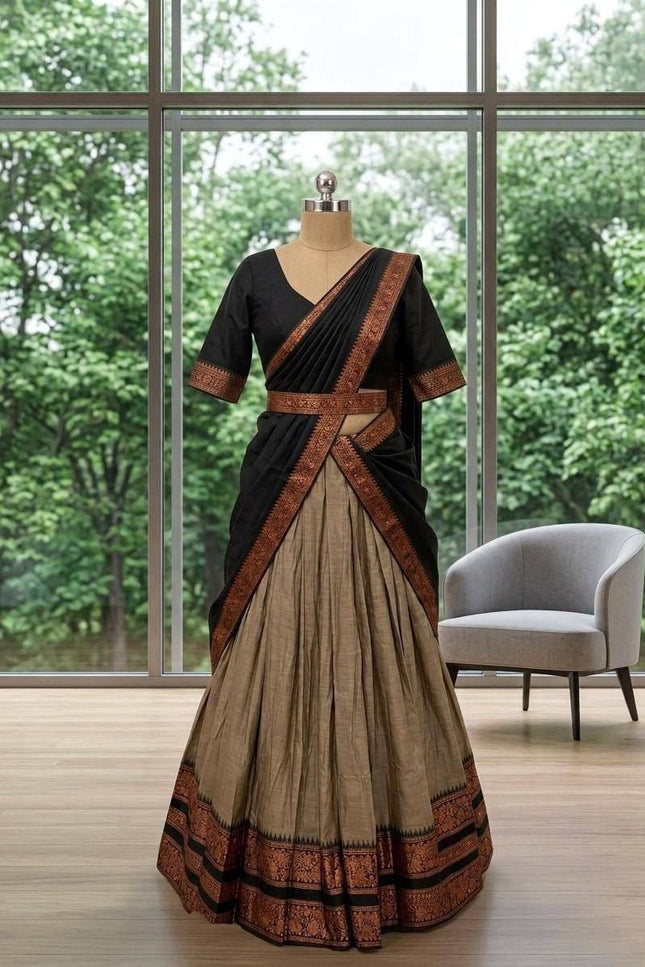 Premium Cotton Silk Lehenga Set | South Indian Zari Border | Dhavani Style | Ready to Wear - Rosepetals Luxe